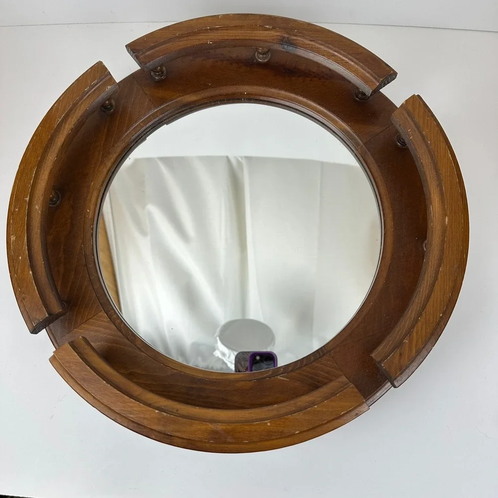 Vintage Round Wood Mirrored Vanity Tray Gallery Rail Spindle Lazy Susan Brown
